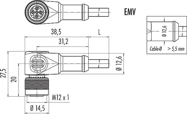 Scale drawing M12 Female angled connector, Contacts: 8, shielded, moulded on the cable, IP67, UL 2238, PUR, black, 8 x 0.25 mm², 5 m