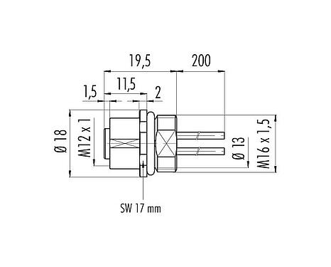 Scale drawing M12 Female panel mount connector, Contacts: 5, unshielded, single wires, IP68/IP69K, M16x1.5, Front mounting, for outdoor, stainless steel, UV resistant, potted