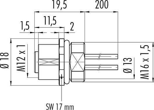 Scale drawing M12 Female panel mount connector, Contacts: 5, unshielded, single wires, IP68/IP69K, M16x1.5, Front mounting, for outdoor, stainless steel, UV resistant, potted