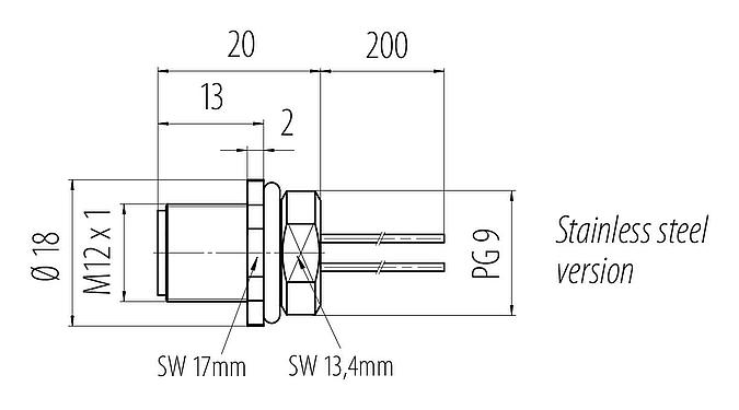 Scale drawing M12 Male panel mount connector, Contacts: 4, unshielded, single wires, IP68, UL 2238, PG 9, Front mounting, stainless steel, potted