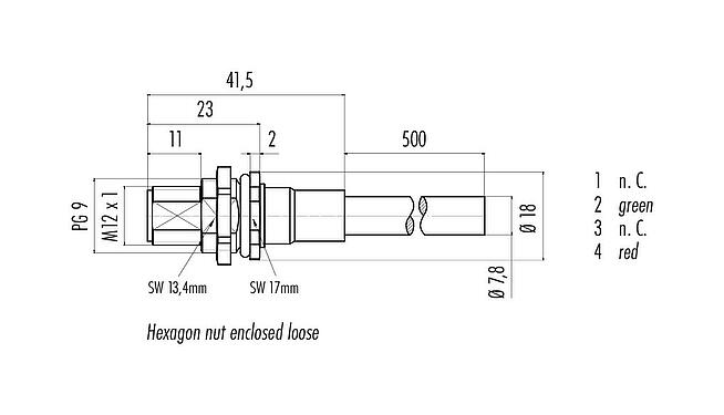 Scale drawing M12 Male panel mount connector, Contacts: 2, shielded, with cable assembled, IP68, PG 9, Profibus, PUR, violet, 1 x 2 x 0.25 mm², Front mounting, 0.5 m