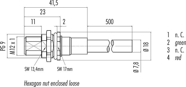 Scale drawing M12 Male panel mount connector, Contacts: 2, shielded, with cable assembled, IP68, PG 9, Profibus, PUR, violet, 1 x 2 x 0.25 mm², Front mounting, 0.5 m