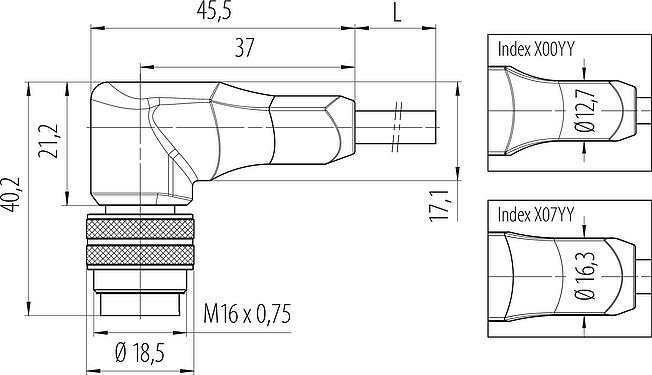 比例图 M16 弯角针头电缆连接器, 极数: 5, 屏蔽, 预铸电缆, IP67, PUR, 黑色, 5x0.34mm², 2m