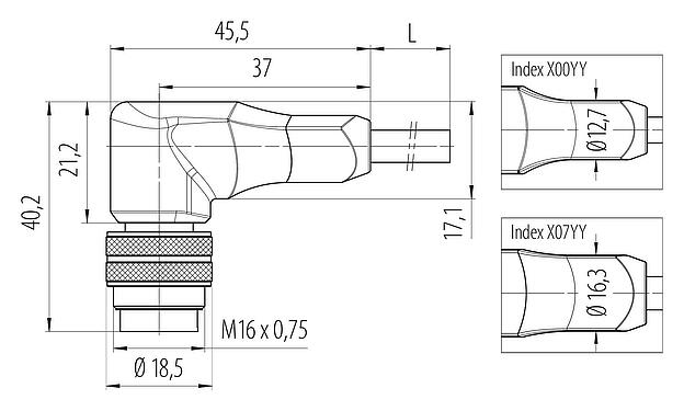 Scale drawing M16 Male angled connector, Contacts: 6, shielded, moulded on the cable, IP67, PUR, black, 6 x 0.25 mm², 2 m