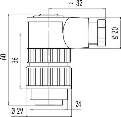 Scale drawing RD24 Male angled connector, Contacts: 6+PE, 6.0-8.0 mm, unshielded, crimping (Crimp contacts must be ordered separately), IP67, UL, ESTI+, VDE, PG 9