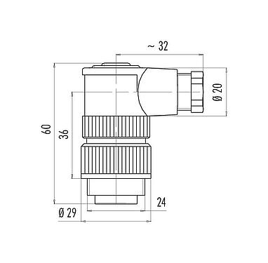 比例图 RD24 弯角针头电缆连接器, 极数: 6+PE, 6.0-8.0mm, 非屏蔽, 螺钉接线, IP67, UL, ESTI+, VDE, PG 9