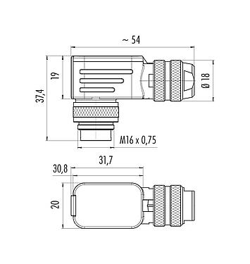 Scale drawing 99 5609 750 04 - M16 Male angled connector, Contacts: 4 (04-a), 6.0-8.0 mm, shieldable, crimping (Crimp contacts must be ordered separately), IP67, UL