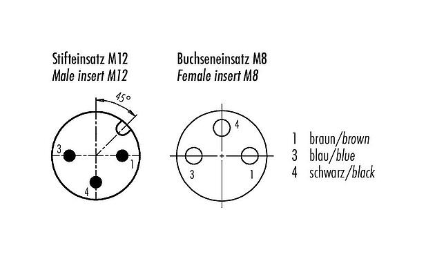 联系安排 (外掛程式側) M12/M8 针头电缆连接器 - 孔头弯角电缆连接器, 极数: 3, 非屏蔽, 预铸电缆, IP67/IP69K, PUR, 黑色, 3x0.25mm², 带LED的PNP, 2m