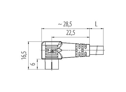 Scale drawing Snap-In Male angled connector, Contacts: 5, unshielded, moulded on the cable, IP40, PVC, black, 5 x 0.25 mm², 5 m