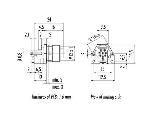 Scale drawing M12 Female panel mount connector, Contacts: 8, shieldable, THR, IP68, UL 2238, M12x1.0, Front mounting, for PCB assembly