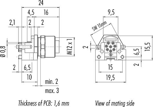 Scale drawing M12 Female panel mount connector, Contacts: 8, shieldable, THR, IP68, UL 2238, M12x1.0, Front mounting, for PCB assembly
