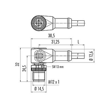 比例图 M12 弯角针头电缆连接器, 极数: 3, 非屏蔽, 预铸电缆, IP68/IP69K, UL 2238, PVC, 灰色, 3x0.34mm², 带LED的PNP, 2m