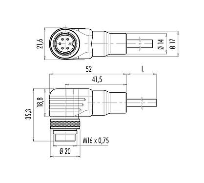 Scale drawing M16 Male angled connector, Contacts: 5 (05-a), shielded, moulded on the cable, IP67, PUR, black, 5 x 0.25 mm², 2 m