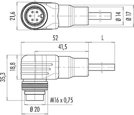 Scale drawing M16 Male angled connector, Contacts: 14 (14-b), unshielded, moulded on the cable, IP67, PUR, black, 8 x 0.25 mm² / 2 x 0.50 mm², 2 m