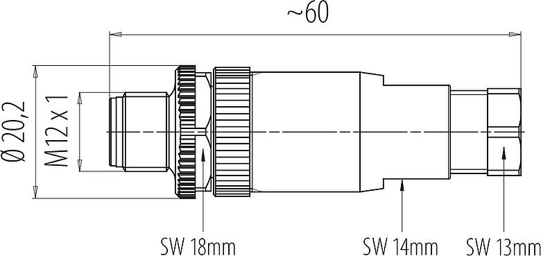 比例图 M12 直头针头电缆连接器, 极数: 4, 2.5-3.5mm, 非屏蔽, 螺钉接线, IP67
