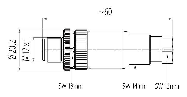 比例图 M12 直头针头电缆连接器, 极数: 4, 2.5-3.5mm, 非屏蔽, 螺钉接线, IP67