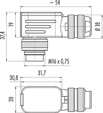 Scale drawing M16 Male angled connector, Contacts: 5 (05-a), 4.0-6.0 mm, shieldable, crimping (Crimp contacts must be ordered separately), IP67, UL 2238