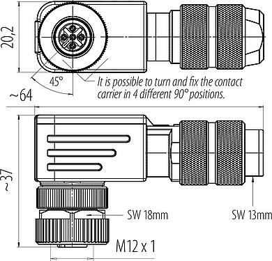 Scale drawing M12 Female angled connector, Contacts: 4, 5.0-8.0 mm, shieldable, screw clamp, IP67, UL 2238, iris spring