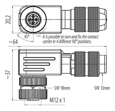 Scale drawing M12 Female angled connector, Contacts: 4, 5.0-8.0 mm, shieldable, screw clamp, IP67, UL 2238, iris spring