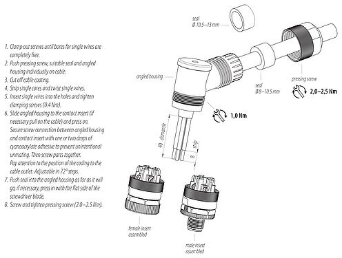 装配说明 99 0639 58 05 - M12 弯角针头电缆连接器, 极数: 4+FE, 8.0-13.0mm, 非屏蔽, 螺钉接线, IP67, UL, M12x1.0, 用于供电