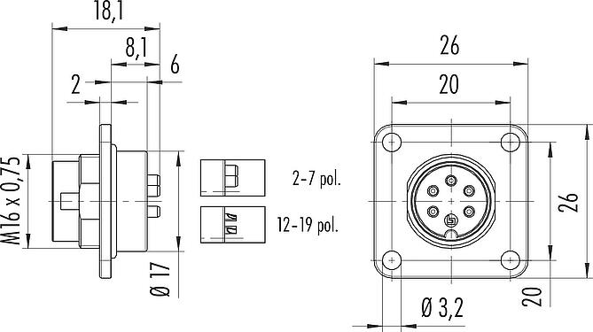 比例图 M16 针头方型法兰座, 极数: 2 (02-a), 非屏蔽, 焊接, IP67, UL 2238, M3 (4x), 板前安装