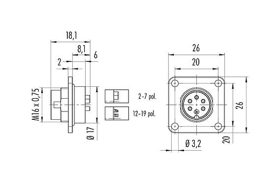 Scale drawing M16 Square male panel mount connector, Contacts: 7 (07-a), unshielded, solder, IP67, UL 2238, M3 (4x), Front mounting
