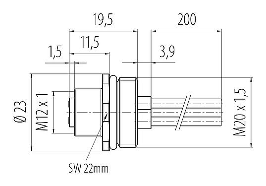 比例图 M12 孔头法兰座, 极数: 4, 非屏蔽, 带导线, IP68, UL 2238, M20x1.5, 板前安装, 模压成型