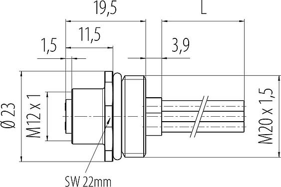 比例图 M12 孔头法兰座, 极数: 4, 非屏蔽, 带导线, IP68, UL 2238, M20x1.5, 板前安装, 模压成型
