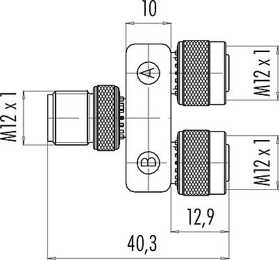 比例图 M12 双分线盒,Y 型分配器, 针头连接器 - 2 孔头连接器, 极数: 5, 非屏蔽, 插拔式, IP68, UL 2238