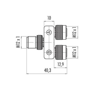 比例图 79 5207 00 05 - M12 双分线盒,Y 型分配器, 插头 M12x1 - 2 个插座 M12x1, 极数: 5/4, 非屏蔽, 插拔式, IP68, UL