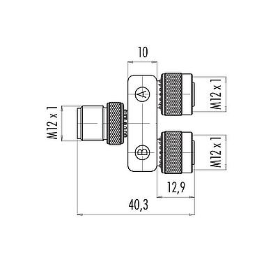 Scale drawing M12 Twin distributors, Y-distributor, male connector - 2 female connector, Contacts: 4, unshielded, pluggable, IP68, UL 2238