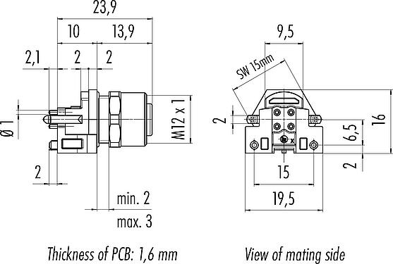 比例图 M12 孔头法兰座, 极数: 4, 可接屏蔽, THR, IP68, UL 2238, M12x1.0, 板前安装, 用于PCB组装