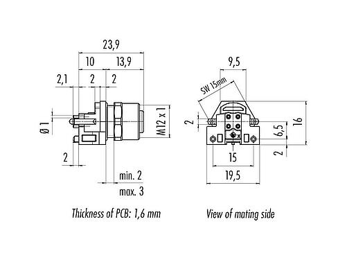 Scale drawing M12 Female panel mount connector, Contacts: 4, shieldable, THR, IP68, UL 2238, M12x1.0, Front mounting, for PCB assembly
