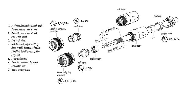 Assembly instructions 99 0425 10 08 - M9 Male cable connector, Contacts: 8, 3.5-5.0 mm, shieldable, solder, IP67
