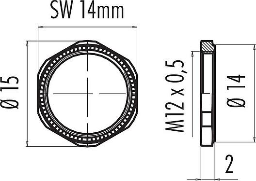 Scale drawing 01 0013 001 - M9 IP67 - Hex nut with 2mm knurl