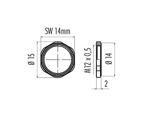 Scale drawing 01 0013 001 - M9 IP67 - Hex nut with 2mm knurl; 702/712 series