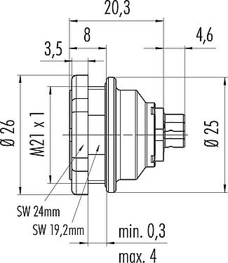 比例图 Push Pull 针头法兰座, 极数: 3, 可接屏蔽, 焊接, IP67, M21x1,0, 後壁安裝