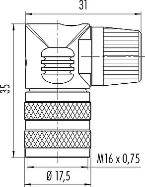 Scale drawing M16 Female angled connector, Contacts: 7 (07-a), 6.0-8.0 mm, unshielded, solder, IP40