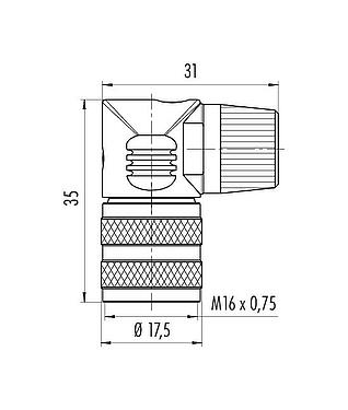 Scale drawing M16 Female angled connector, Contacts: 6 (06-a), 4.0-6.0 mm, unshielded, solder, IP40