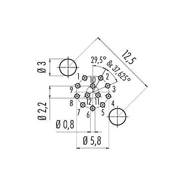 导体结构 86 0532 1120 00012 - M12 孔头法兰座, 极数: 12, 可接屏蔽, THT, IP68, UL 2238, PG 9, 後壁安裝