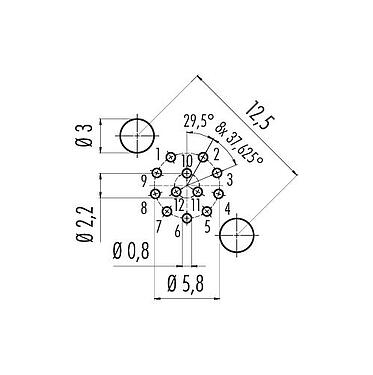 导体结构 86 0532 1120 00012 - M12 孔头法兰座, 极数: 12, 可接屏蔽, THT, IP68, UL, PG 9, 板前固定