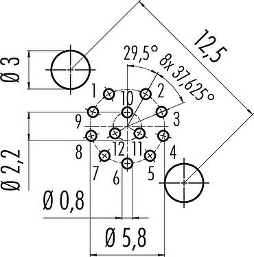 导体结构 M12 孔头法兰座, 极数: 12, 可接屏蔽, THT, IP68, UL 2238, PG 9, 後壁安裝, 模压成型