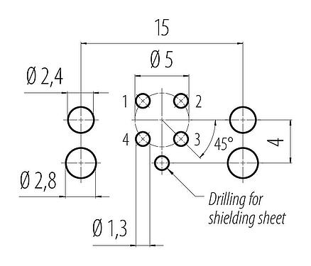 Conductor layout M12 Female panel mount connector, Contacts: 4, shieldable, THR, IP67, UL 2238, M12x1.0, Rear mounting