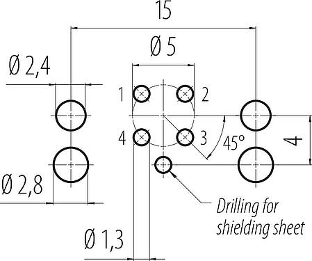 Conductor layout M12 Female panel mount connector, Contacts: 4, shieldable, THR, IP67, UL 2238, M12x1.0, Rear mounting