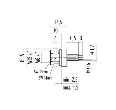Scale drawing 86 6518 1100 00003 - M8 Female panel mount connector, Contacts: 3, unshielded, THT, IP67, UL, M12x1.0, Front mounting