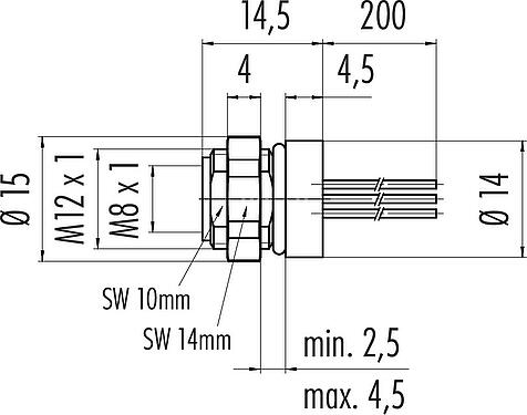 比例图 M8 孔头法兰座, 极数: 3, 非屏蔽, 带导线, IP67/IP69K, UL 2238, M12x1.0, 後壁安裝, 模压成型