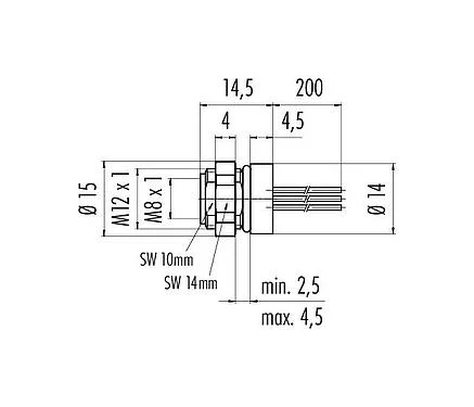 Scale drawing M8 Female panel mount connector, Contacts: 12, unshielded, single wires, IP67/IP69K, UL 2238, M12x1.0, Rear mounting, potted