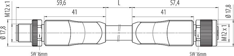 Scale drawing M12 Male cable connector - female cable connector, Contacts: 4+FE, unshielded, moulded on the cable, IP68, UL 2238, PUR, black, 5 x 1.50 mm², UL in preparation, 5 m