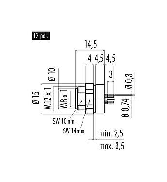 Scale drawing 86 6518 1100 00012 - M8 Female panel mount connector, Contacts: 12, unshielded, THT, IP67, UL, screwable from the front