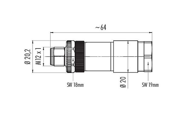 Scale drawing M12 Male cable connector, Contacts: 8, 8.0-10.0 mm, unshielded, screw clamp, IP67, UL 2238, PG 11